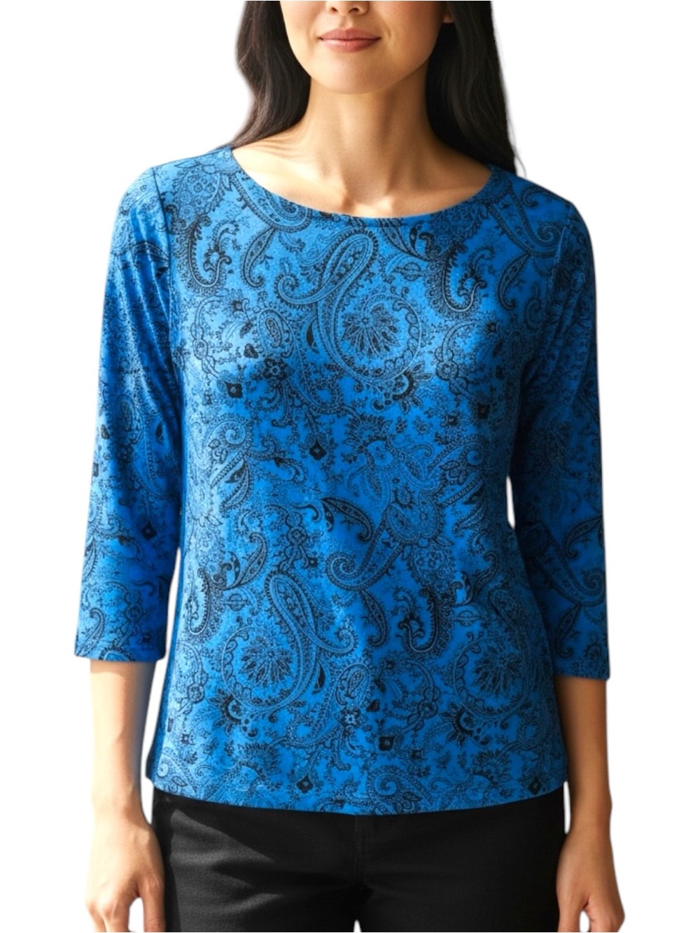 Ann Taylor Factory Sz MEDIUM Blue Paisley Scoop Neck 3/4 Sleeve Top Stretchy